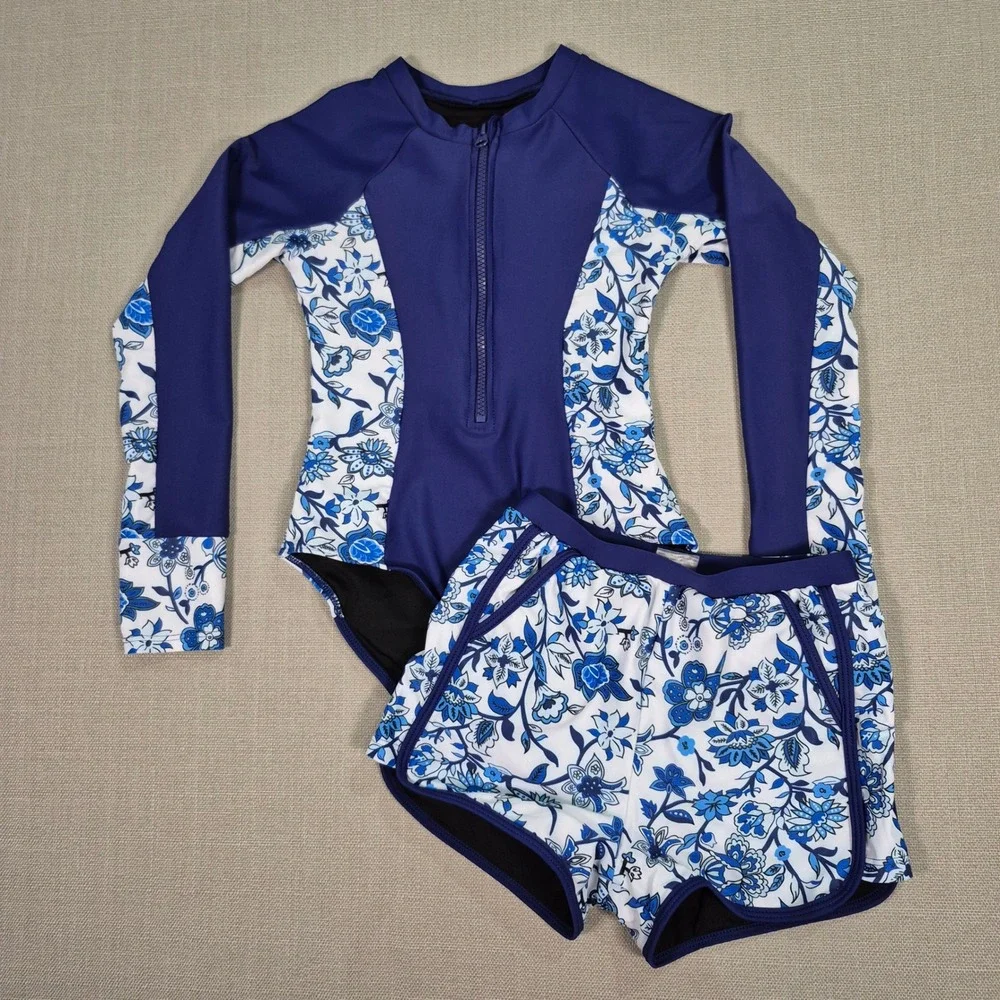 Girls Rash Guard Swimsuit Set Navy Blue Floral Long Sleeve UPF 50+ Size 8Y
